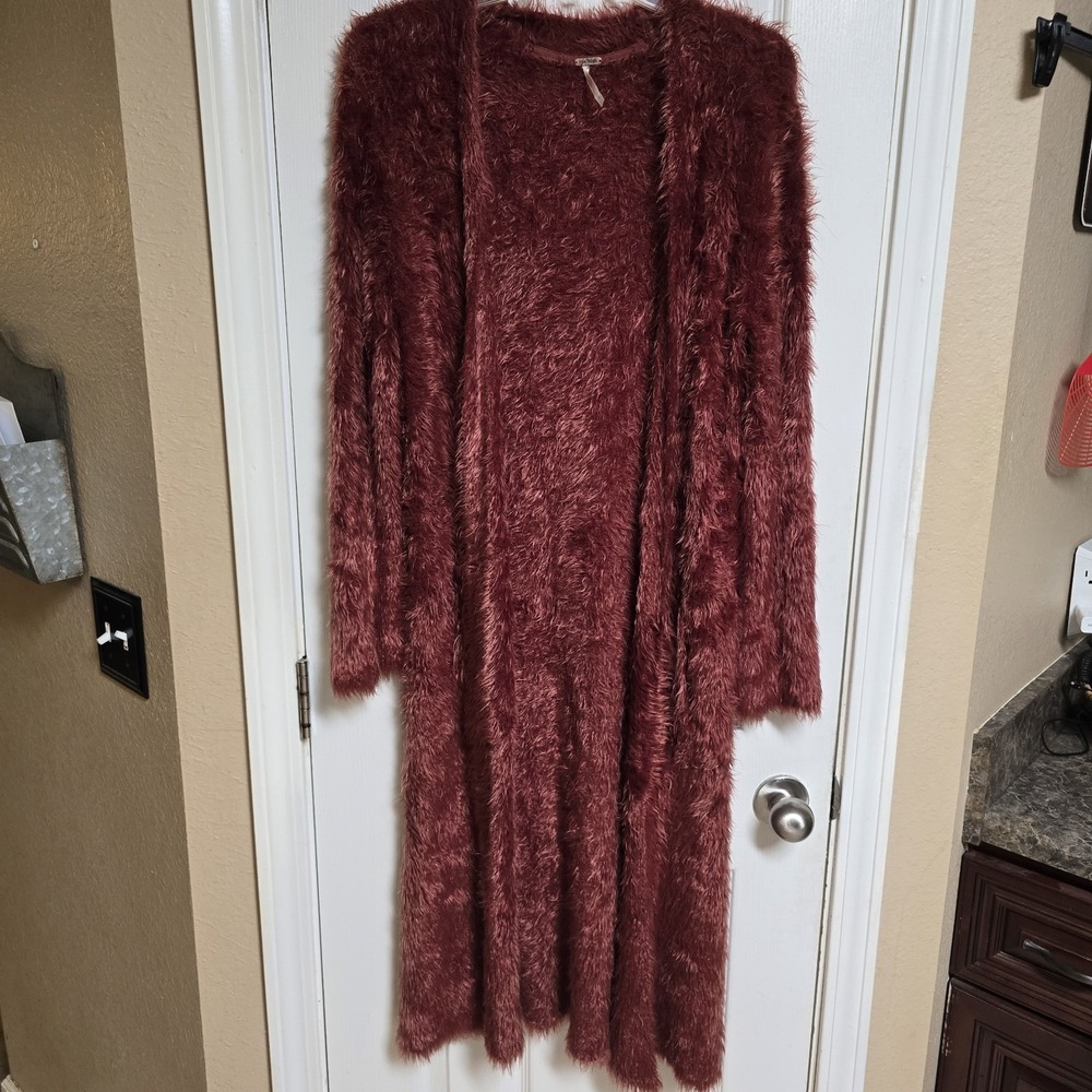 Free‎ People fuzzy long cardigan duster maroon-orange Small